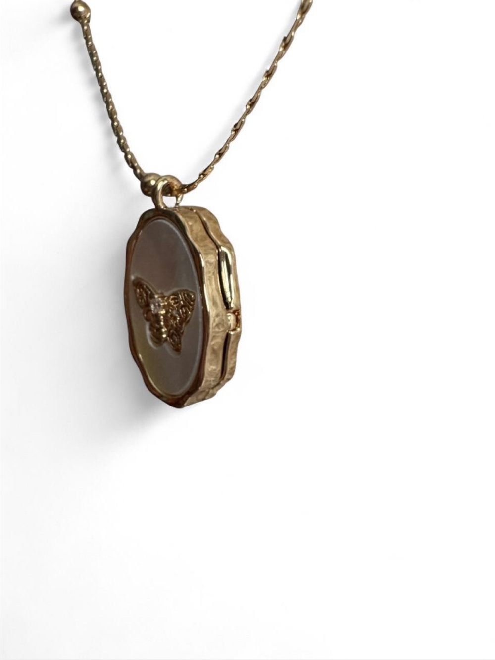 Gold Tone Oval Mother of Pearl Butterfly Photo Locket Necklace